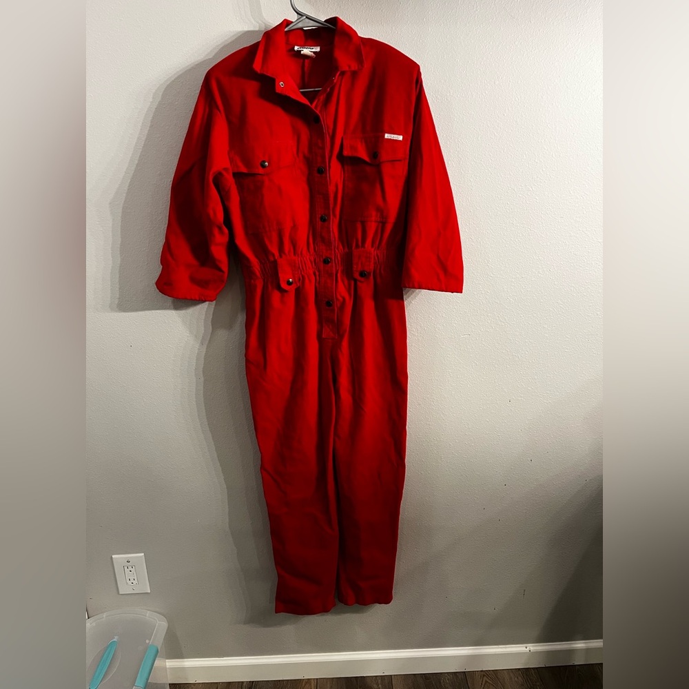 VTG 80s  Dream collared Corduroy Cherry Red Jumpsuit romper Wide Leg Button Up
